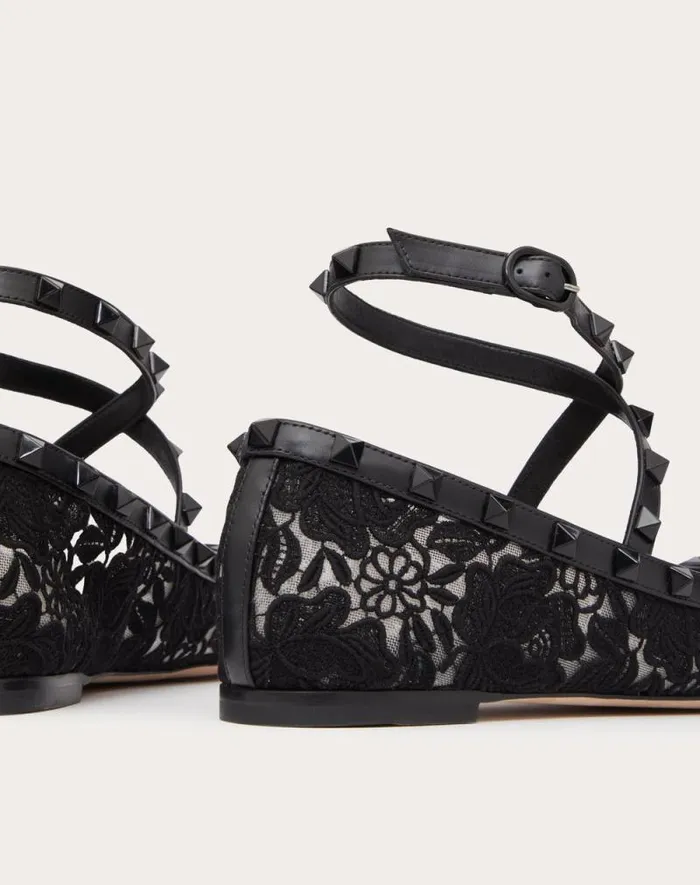Valentino Ballerinas Woman Rockstud Macram Lace Ballerina For Woman In Black Black Valentino Ballerinas Woman Rockstud Macram Lace Ballerina For Woman In Black Black