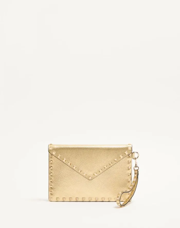 Valentino Clutches Woman Rockstud Laminated Grainy Calfskin Clutch Bag For Woman In Antique Brass Antique Brass Valentino Clutches Woman Rockstud Laminated Grainy Calfskin Clutch Bag For Woman In Antique Brass Antique Brass