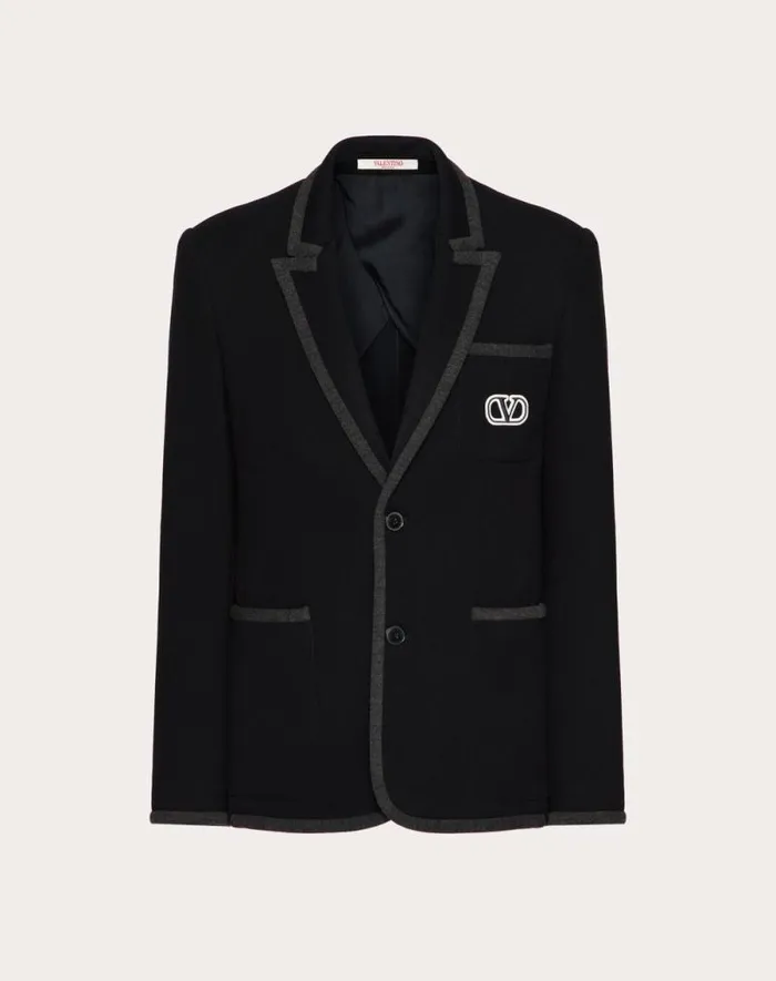Valentino Coats And Blazers Man Singlebreasted Cotton Jersey Jacket With Vlogo Signature Patch For Man In Navy Navy Valentino Coats And Blazers Man Singlebreasted Cotton Jersey Jacket With Vlogo Signature Patch For Man In Navy Navy