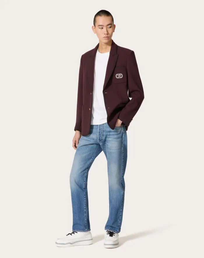 Valentino Coats And Blazers Man Singlebreasted Jacket In Lana Stretch With Vlogo Signature Patch For Man In Maroon Maroon