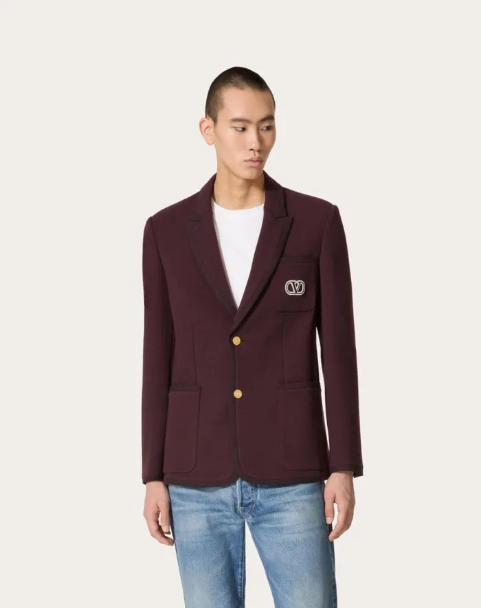 Valentino Coats And Blazers Man Singlebreasted Jacket In Lana Stretch With Vlogo Signature Patch For Man In Maroon Maroon
