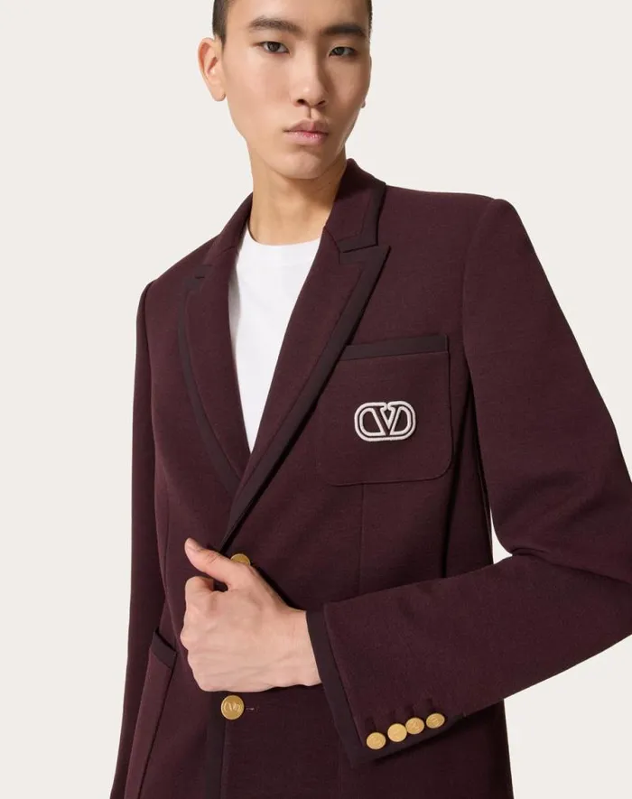Valentino Coats And Blazers Man Singlebreasted Jacket In Lana Stretch With Vlogo Signature Patch For Man In Maroon Maroon