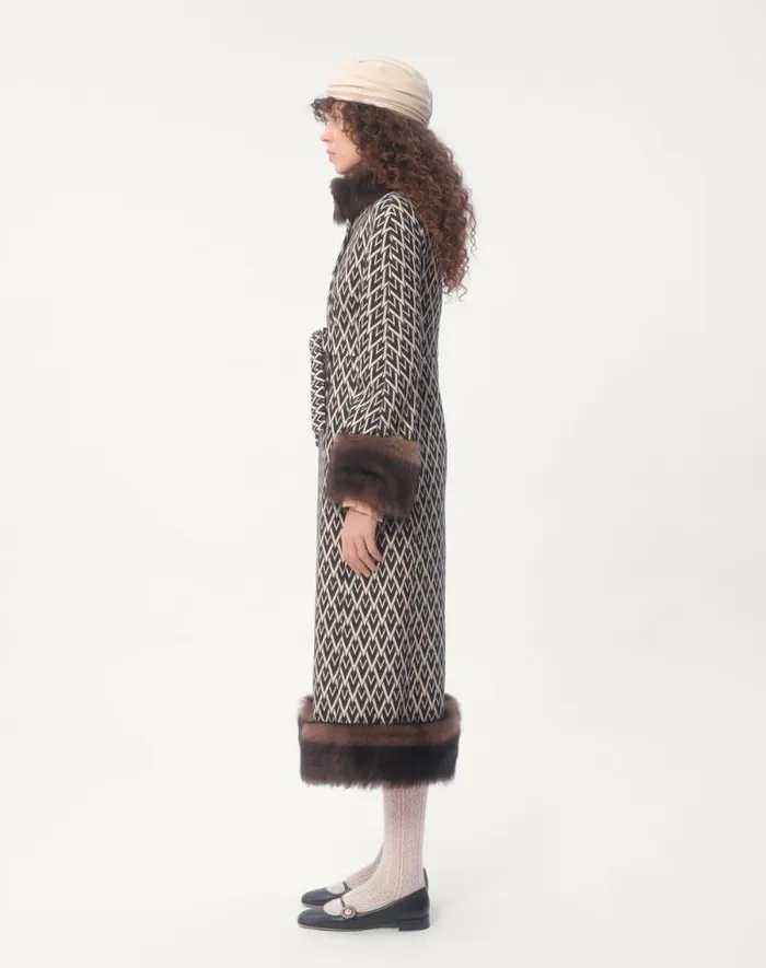 Valentino Coats And Outerwear Woman Toute La V Jacquard Coat For Woman In Blackivory Blackivory Valentino Coats And Outerwear Woman Toute La V Jacquard Coat For Woman In Blackivory Blackivory