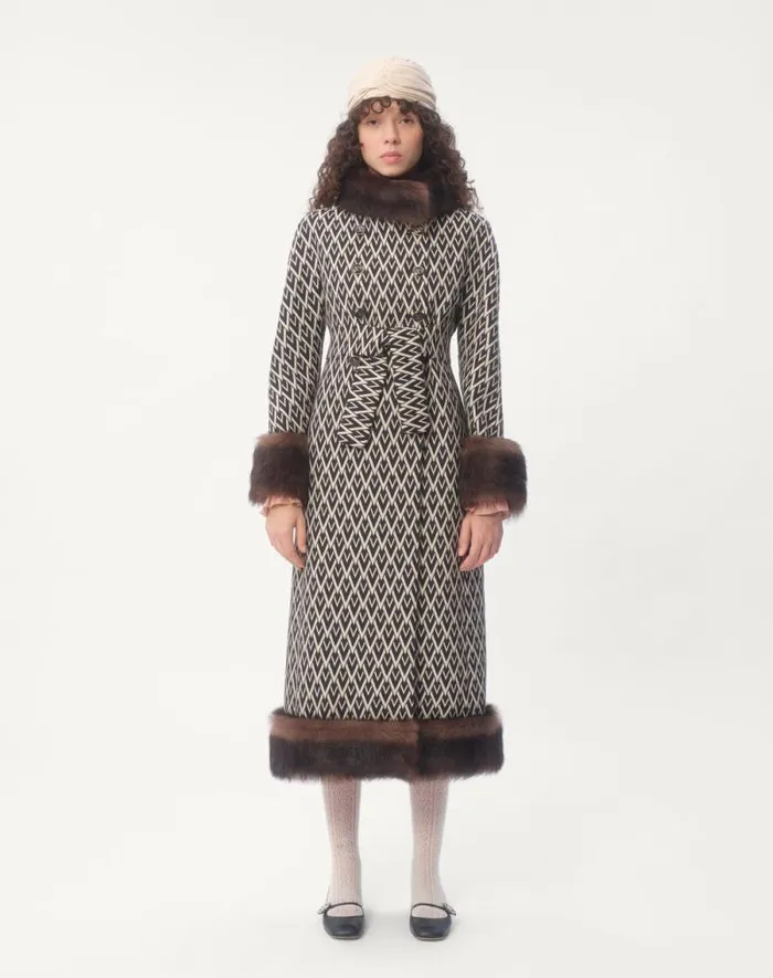Valentino Coats And Outerwear Woman Toute La V Jacquard Coat For Woman In Blackivory Blackivory Valentino Coats And Outerwear Woman Toute La V Jacquard Coat For Woman In Blackivory Blackivory