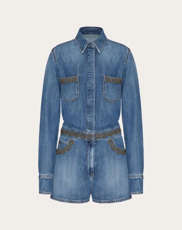 Valentino Denim Woman Embroidered Mid Blue Medio Jumpsuit For Woman In Denim Denim