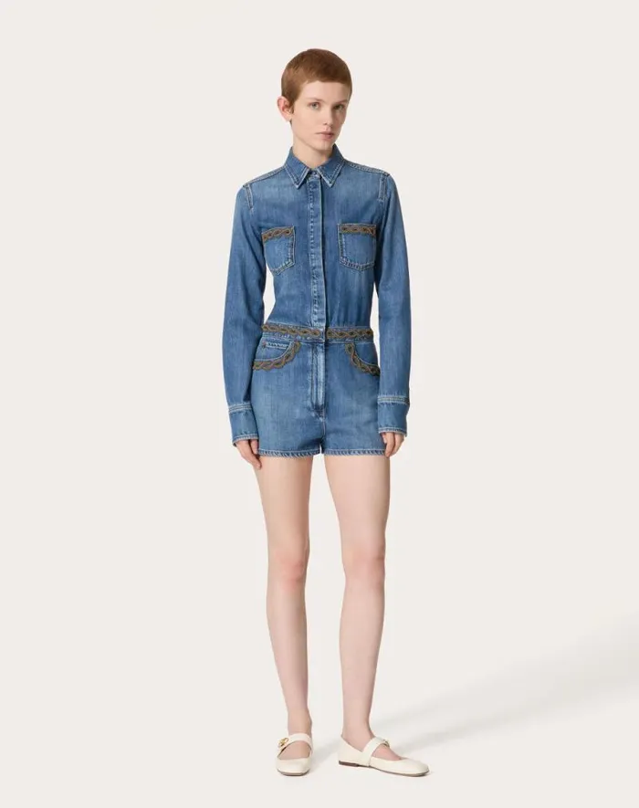 Valentino Denim Woman Embroidered Mid Blue Medio Jumpsuit For Woman In Denim Denim Valentino Denim Woman Embroidered Mid Blue Medio Jumpsuit For Woman In Denim Denim