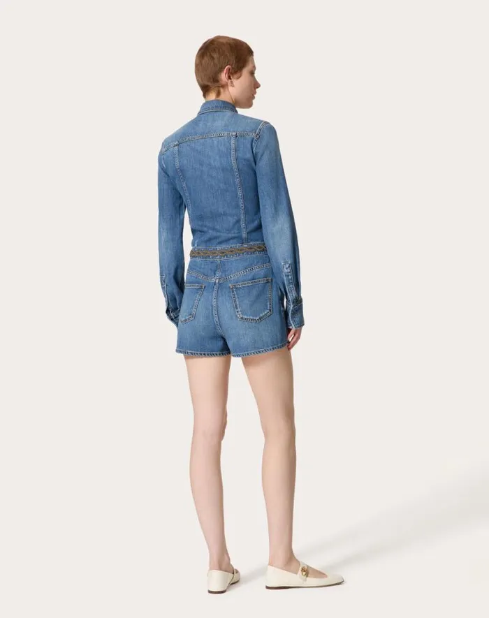 Valentino Denim Woman Embroidered Mid Blue Medio Jumpsuit For Woman In Denim Denim Valentino Denim Woman Embroidered Mid Blue Medio Jumpsuit For Woman In Denim Denim