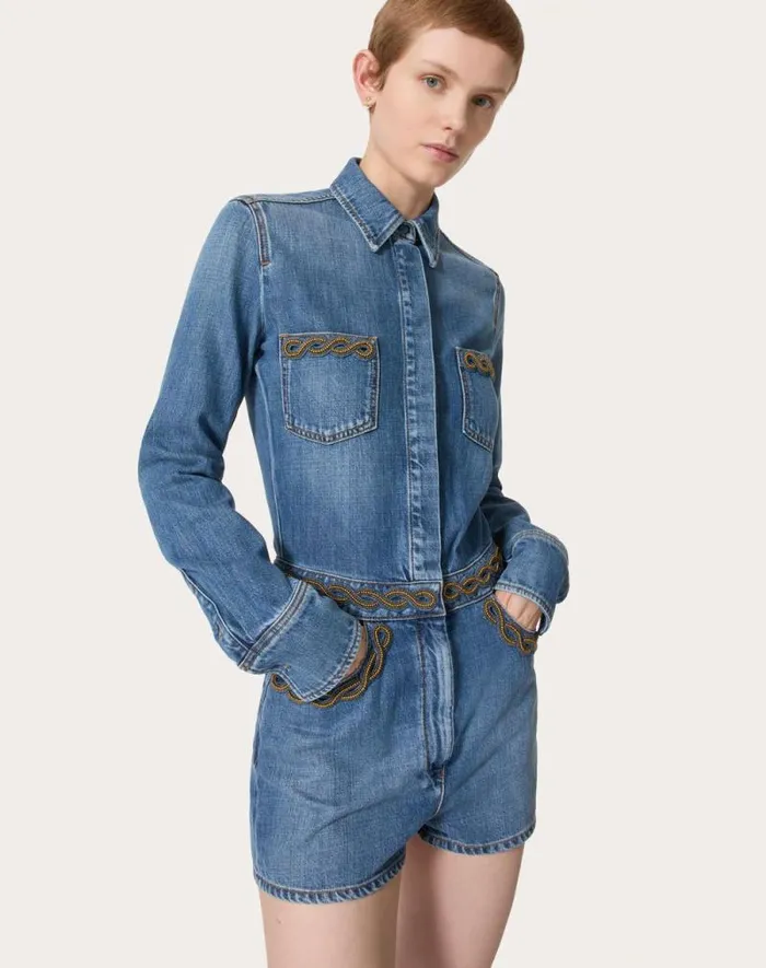 Valentino Denim Woman Embroidered Mid Blue Medio Jumpsuit For Woman In Denim Denim Valentino Denim Woman Embroidered Mid Blue Medio Jumpsuit For Woman In Denim Denim