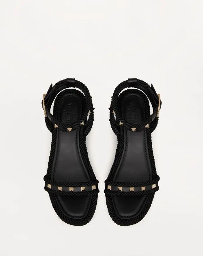 Valentino Espadrilles And Wedges Woman Rockstud Flatform Sandal In Calfskin 45mm For Woman In Black Black Valentino Espadrilles And Wedges Woman Rockstud Flatform Sandal In Calfskin 45mm For Woman In Black Black