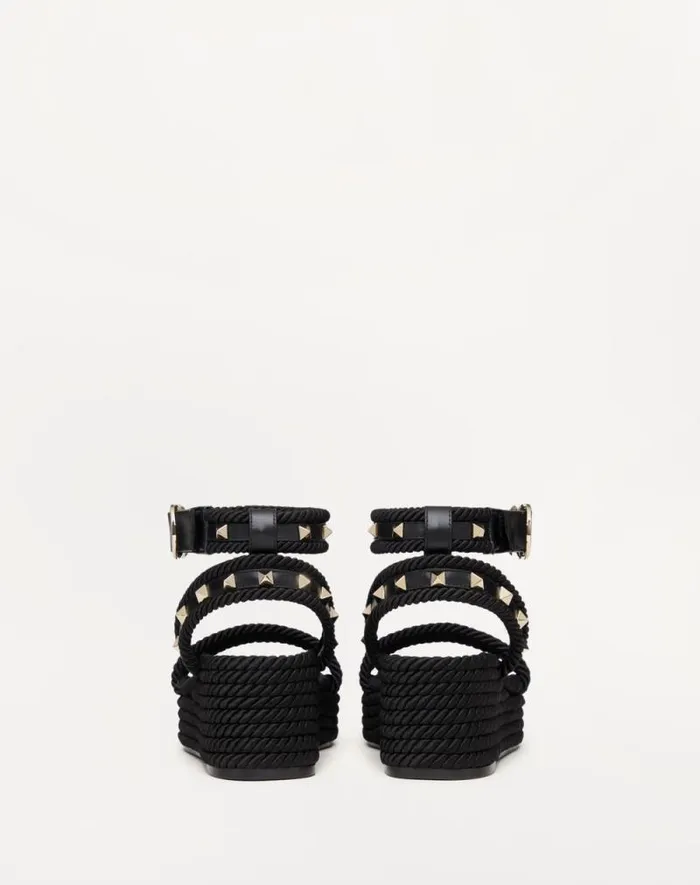 Valentino Espadrilles And Wedges Woman Rockstud Flatform Sandal In Calfskin 45mm For Woman In Black Black Valentino Espadrilles And Wedges Woman Rockstud Flatform Sandal In Calfskin 45mm For Woman In Black Black
