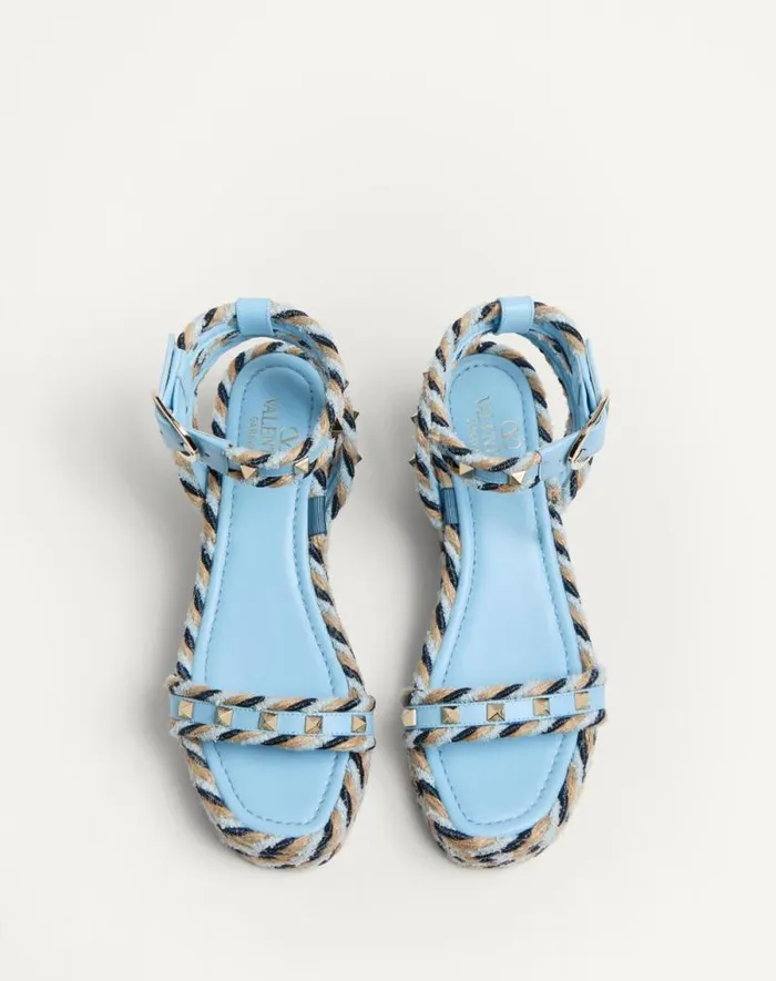 Valentino Espadrilles And Wedges Woman Rockstud Flatform Sandal In Calfskin 45mm For Woman In Blueivory Blueivory Valentino Espadrilles And Wedges Woman Rockstud Flatform Sandal In Calfskin 45mm For Woman In Blueivory Blueivory