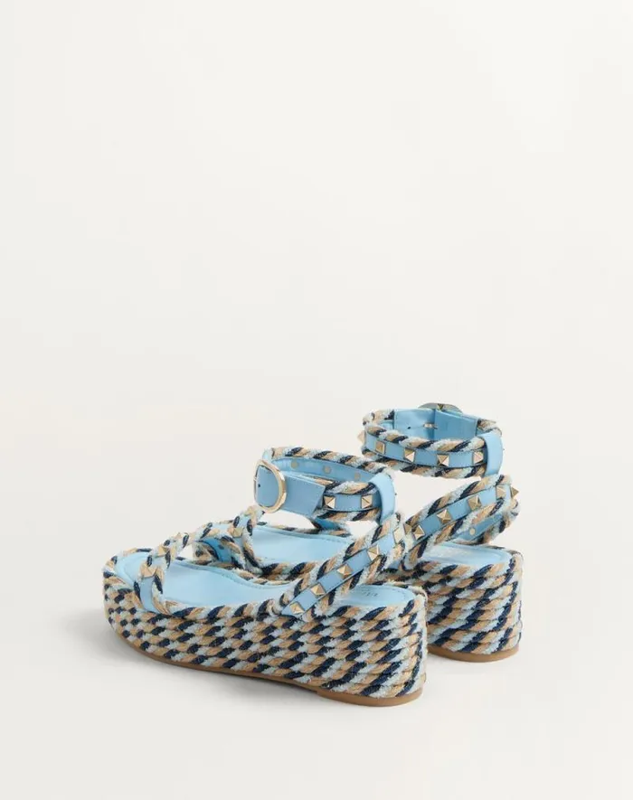 Valentino Espadrilles And Wedges Woman Rockstud Flatform Sandal In Calfskin 45mm For Woman In Blueivory Blueivory Valentino Espadrilles And Wedges Woman Rockstud Flatform Sandal In Calfskin 45mm For Woman In Blueivory Blueivory