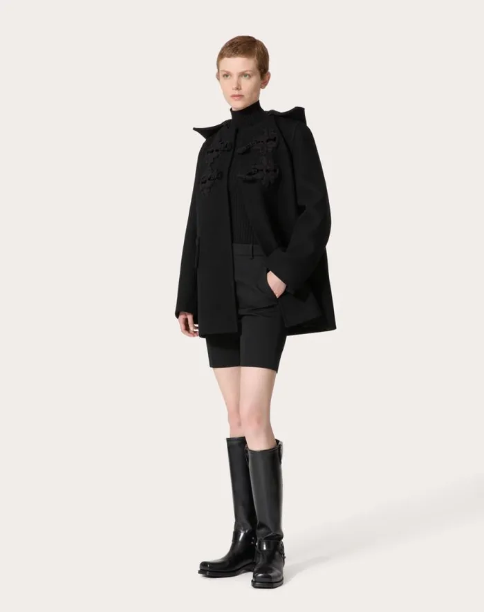 Valentino Jackets And Blazers Woman Pea Coat In Embroidered Compact Coat For Woman In Black Black Valentino Jackets And Blazers Woman Pea Coat In Embroidered Compact Coat For Woman In Black Black