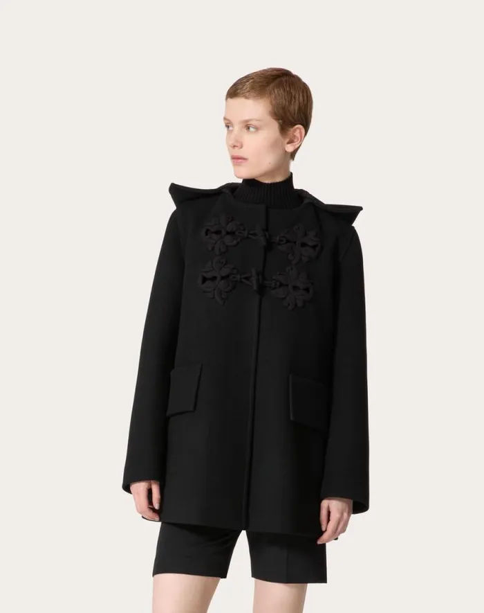 Valentino Jackets And Blazers Woman Pea Coat In Embroidered Compact Coat For Woman In Black Black Valentino Jackets And Blazers Woman Pea Coat In Embroidered Compact Coat For Woman In Black Black