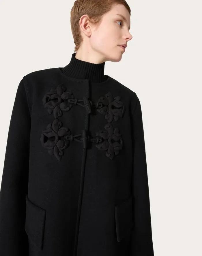 Valentino Jackets And Blazers Woman Pea Coat In Embroidered Compact Coat For Woman In Black Black Valentino Jackets And Blazers Woman Pea Coat In Embroidered Compact Coat For Woman In Black Black