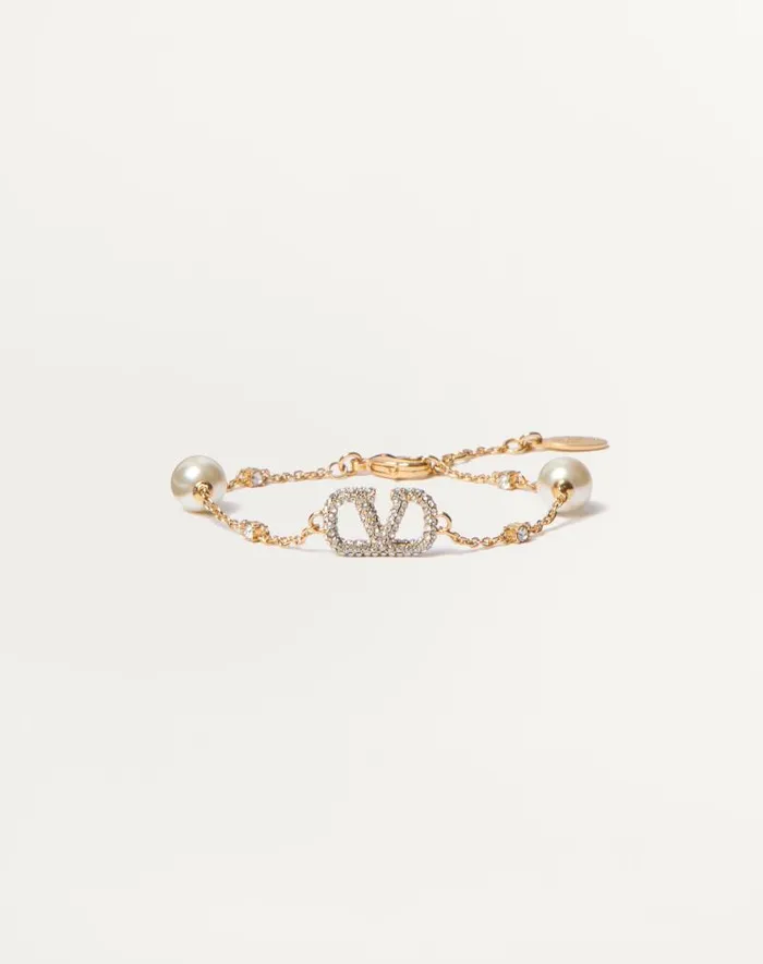Valentino Jewelry Woman Vlogo Signature Bracelet In Metal Swarovski Crystals And Pearls For Woman In Gold Gold Valentino Jewelry Woman Vlogo Signature Bracelet In Metal Swarovski Crystals And Pearls For Woman In Gold Gold