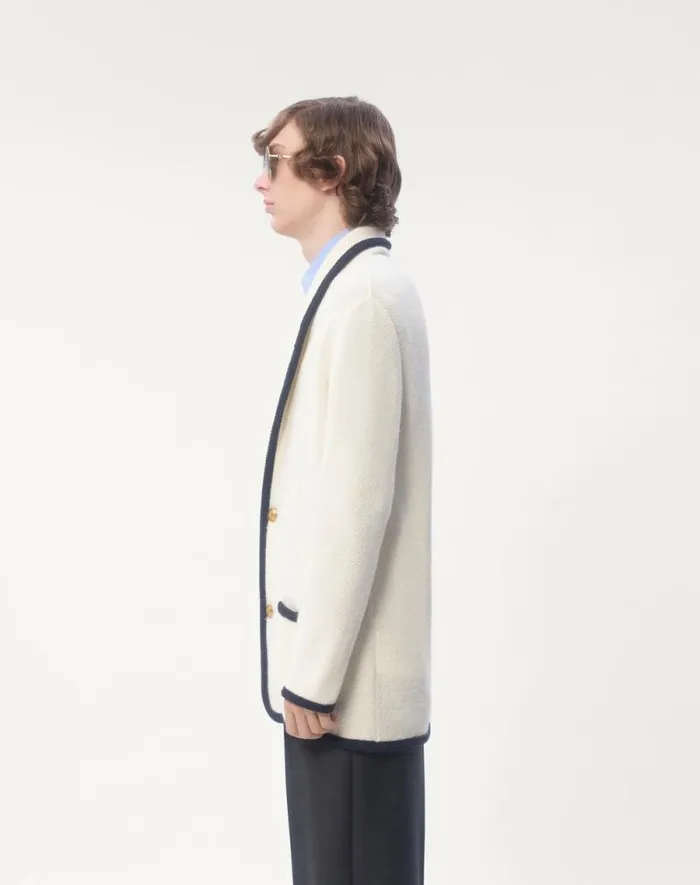 Valentino Knitwear Man Singlebreasted Wool And Cotton Jacket With Torchon Piping For Man In Butterindigo Butterindigo Valentino Knitwear Man Singlebreasted Wool And Cotton Jacket With Torchon Piping For Man In Butterindigo Butterindigo