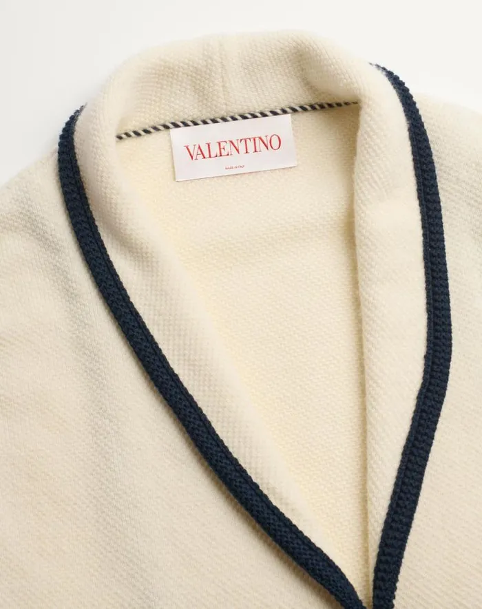 Valentino Knitwear Man Singlebreasted Wool And Cotton Jacket With Torchon Piping For Man In Butterindigo Butterindigo Valentino Knitwear Man Singlebreasted Wool And Cotton Jacket With Torchon Piping For Man In Butterindigo Butterindigo