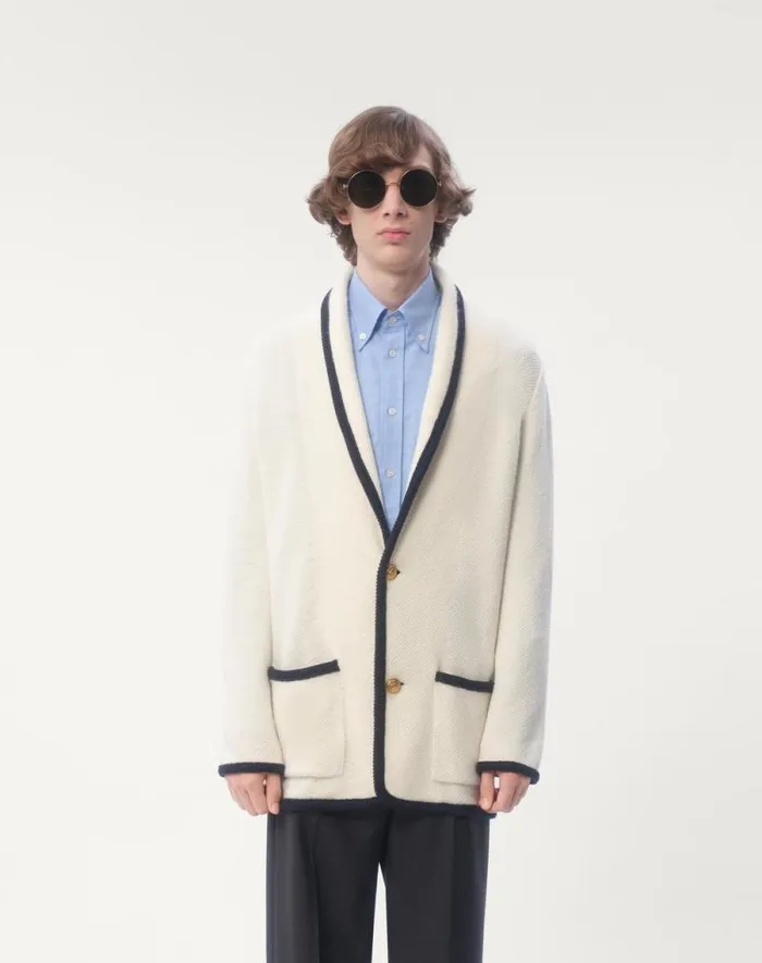 Valentino Knitwear Man Singlebreasted Wool And Cotton Jacket With Torchon Piping For Man In Butterindigo Butterindigo Valentino Knitwear Man Singlebreasted Wool And Cotton Jacket With Torchon Piping For Man In Butterindigo Butterindigo