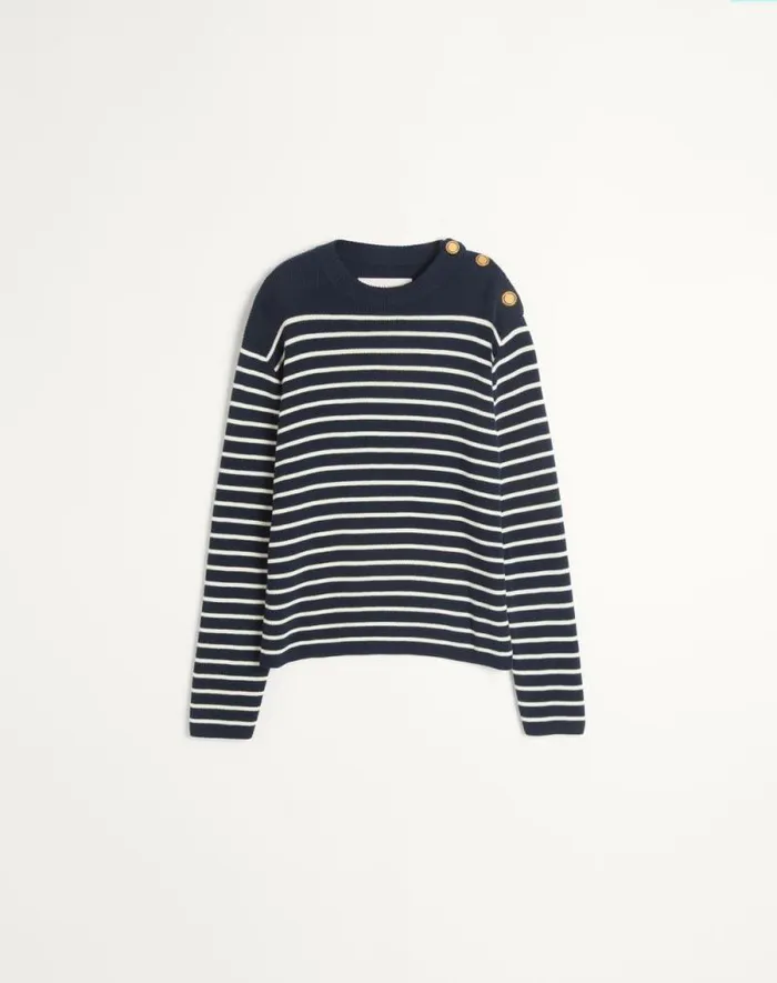 Valentino Knitwear Man Striped Cotton Crewneck Sweater With Buttons On The Shoulder For Man In Indigobutter Indigobutter Valentino Knitwear Man Striped Cotton Crewneck Sweater With Buttons On The Shoulder For Man In Indigobutter Indigobutter