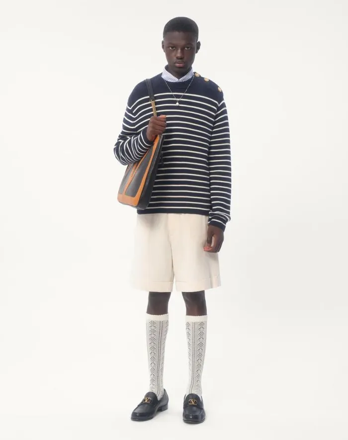 Valentino Knitwear Man Striped Cotton Crewneck Sweater With Buttons On The Shoulder For Man In Indigobutter Indigobutter Valentino Knitwear Man Striped Cotton Crewneck Sweater With Buttons On The Shoulder For Man In Indigobutter Indigobutter