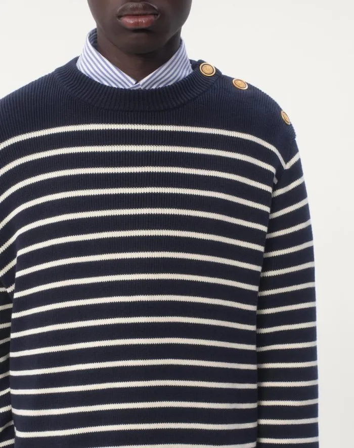 Valentino Knitwear Man Striped Cotton Crewneck Sweater With Buttons On The Shoulder For Man In Indigobutter Indigobutter Valentino Knitwear Man Striped Cotton Crewneck Sweater With Buttons On The Shoulder For Man In Indigobutter Indigobutter