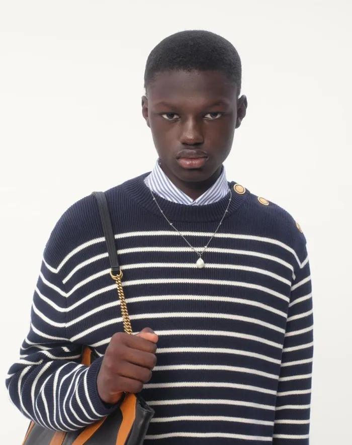 Valentino Knitwear Man Striped Cotton Crewneck Sweater With Buttons On The Shoulder For Man In Indigobutter Indigobutter Valentino Knitwear Man Striped Cotton Crewneck Sweater With Buttons On The Shoulder For Man In Indigobutter Indigobutter
