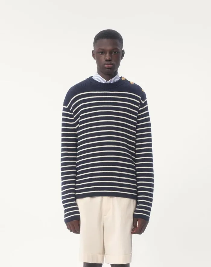 Valentino Knitwear Man Striped Cotton Crewneck Sweater With Buttons On The Shoulder For Man In Indigobutter Indigobutter Valentino Knitwear Man Striped Cotton Crewneck Sweater With Buttons On The Shoulder For Man In Indigobutter Indigobutter