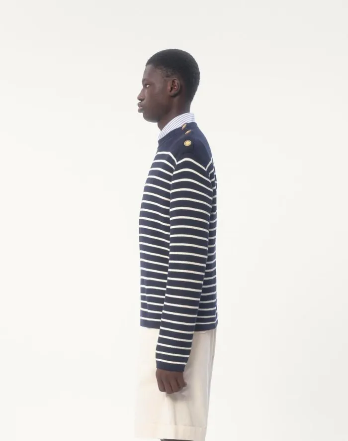 Valentino Knitwear Man Striped Cotton Crewneck Sweater With Buttons On The Shoulder For Man In Indigobutter Indigobutter Valentino Knitwear Man Striped Cotton Crewneck Sweater With Buttons On The Shoulder For Man In Indigobutter Indigobutter
