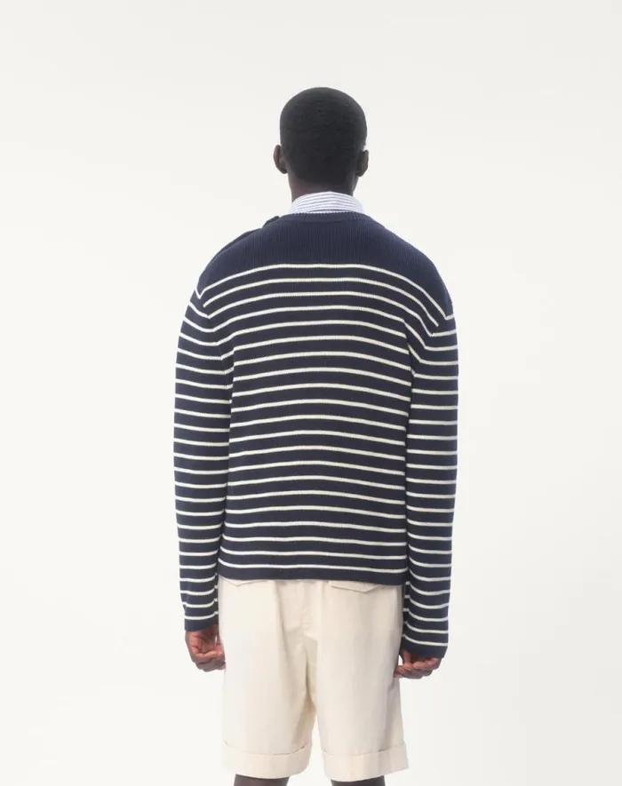 Valentino Knitwear Man Striped Cotton Crewneck Sweater With Buttons On The Shoulder For Man In Indigobutter Indigobutter Valentino Knitwear Man Striped Cotton Crewneck Sweater With Buttons On The Shoulder For Man In Indigobutter Indigobutter
