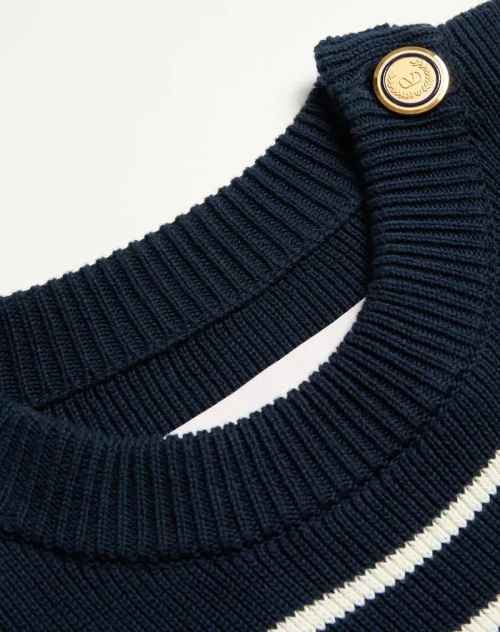 Valentino Knitwear Man Striped Cotton Crewneck Sweater With Buttons On The Shoulder For Man In Indigobutter Indigobutter Valentino Knitwear Man Striped Cotton Crewneck Sweater With Buttons On The Shoulder For Man In Indigobutter Indigobutter
