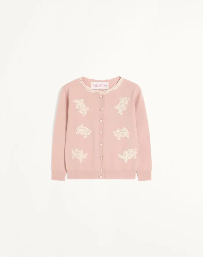 Valentino Knitwear Woman Embroidered Wool And Lace Cardigan For Woman In Blueivory Blueivory