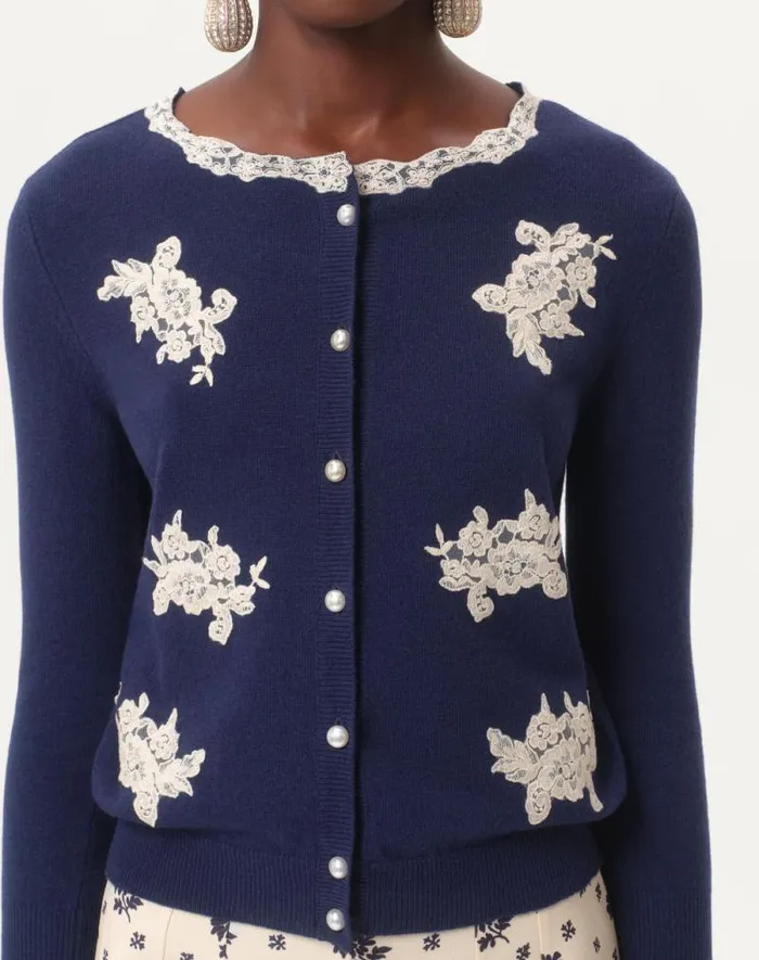 Valentino Knitwear Woman Embroidered Wool And Lace Cardigan For Woman In Blueivory Blueivory Valentino Knitwear Woman Embroidered Wool And Lace Cardigan For Woman In Blueivory Blueivory