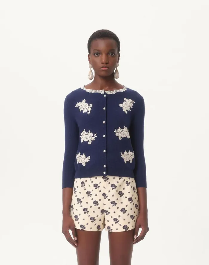 Valentino Knitwear Woman Embroidered Wool And Lace Cardigan For Woman In Blueivory Blueivory Valentino Knitwear Woman Embroidered Wool And Lace Cardigan For Woman In Blueivory Blueivory