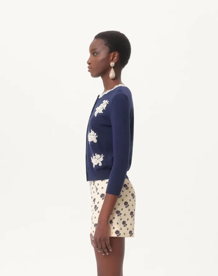 Valentino Knitwear Woman Embroidered Wool And Lace Cardigan For Woman In Blueivory Blueivory Valentino Knitwear Woman Embroidered Wool And Lace Cardigan For Woman In Blueivory Blueivory