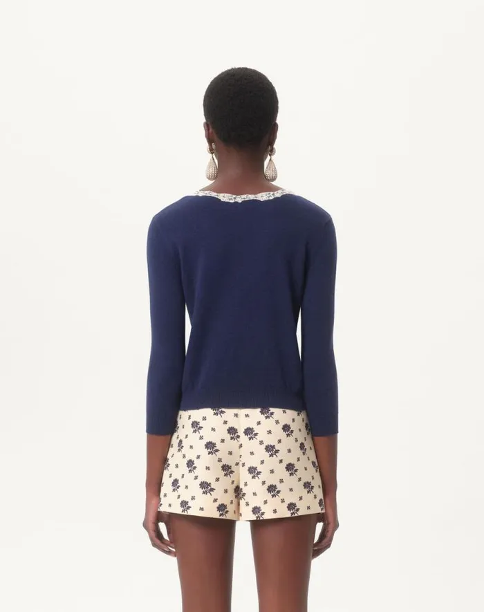 Valentino Knitwear Woman Embroidered Wool And Lace Cardigan For Woman In Blueivory Blueivory Valentino Knitwear Woman Embroidered Wool And Lace Cardigan For Woman In Blueivory Blueivory