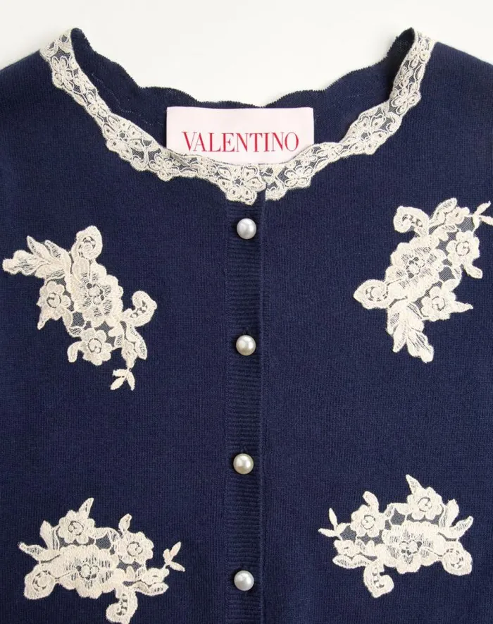 Valentino Knitwear Woman Embroidered Wool And Lace Cardigan For Woman In Blueivory Blueivory Valentino Knitwear Woman Embroidered Wool And Lace Cardigan For Woman In Blueivory Blueivory