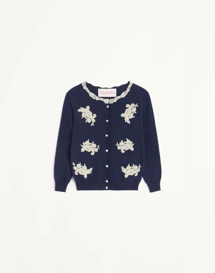 Valentino Knitwear Woman Embroidered Wool And Lace Cardigan For Woman In Blueivory Blueivory Valentino Knitwear Woman Embroidered Wool And Lace Cardigan For Woman In Blueivory Blueivory