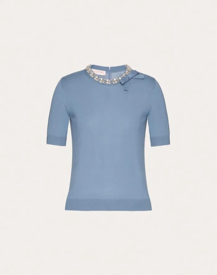 Valentino Knitwear Woman Embroidered Wool Sweater For Woman In Azure Azure