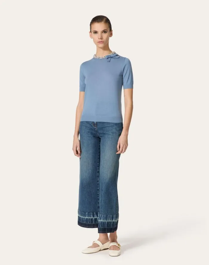 Valentino Knitwear Woman Embroidered Wool Sweater For Woman In Azure Azure Valentino Knitwear Woman Embroidered Wool Sweater For Woman In Azure Azure