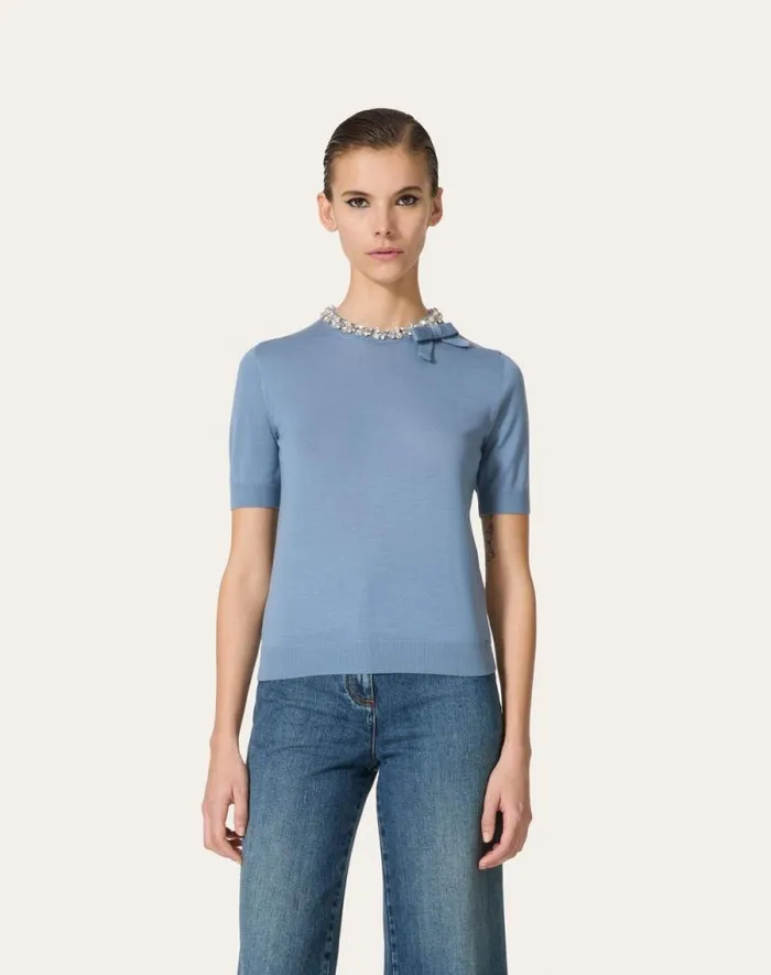 Valentino Knitwear Woman Embroidered Wool Sweater For Woman In Azure Azure Valentino Knitwear Woman Embroidered Wool Sweater For Woman In Azure Azure