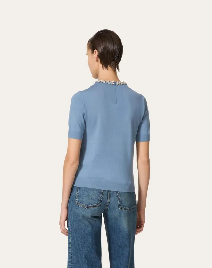 Valentino Knitwear Woman Embroidered Wool Sweater For Woman In Azure Azure Valentino Knitwear Woman Embroidered Wool Sweater For Woman In Azure Azure