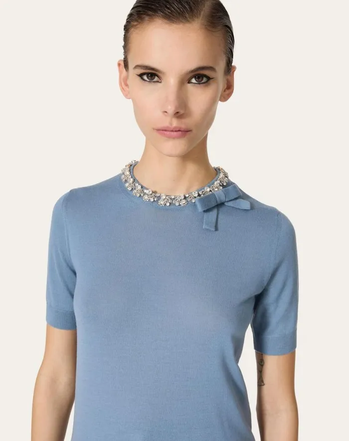 Valentino Knitwear Woman Embroidered Wool Sweater For Woman In Azure Azure Valentino Knitwear Woman Embroidered Wool Sweater For Woman In Azure Azure