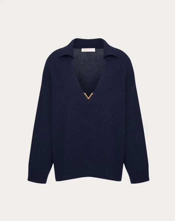 Valentino Knitwear Woman V Gold Cashmere Jumper For Woman In Navy Navy