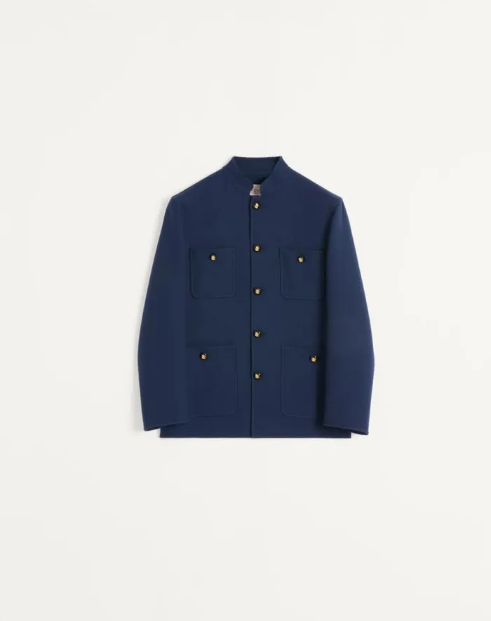 Valentino Outerwear Man Double Wool Jacket With Mandarin Collar For Man In Indigo Indigo Valentino Outerwear Man Double Wool Jacket With Mandarin Collar For Man In Indigo Indigo