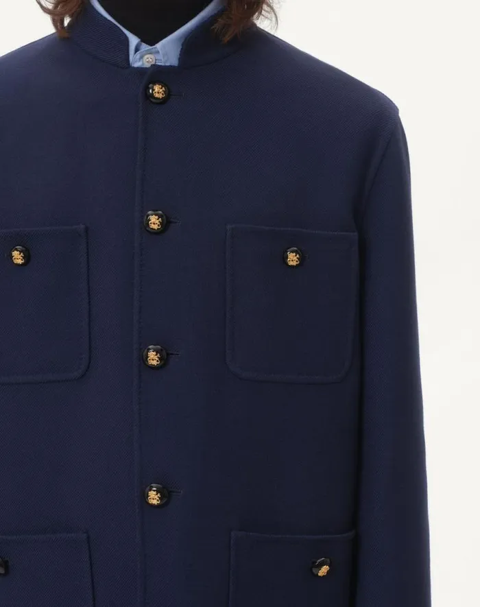 Valentino Outerwear Man Double Wool Jacket With Mandarin Collar For Man In Indigo Indigo Valentino Outerwear Man Double Wool Jacket With Mandarin Collar For Man In Indigo Indigo