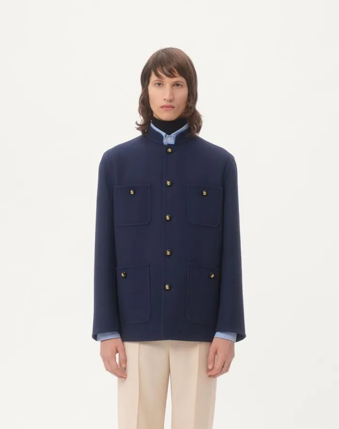 Valentino Outerwear Man Double Wool Jacket With Mandarin Collar For Man In Indigo Indigo Valentino Outerwear Man Double Wool Jacket With Mandarin Collar For Man In Indigo Indigo