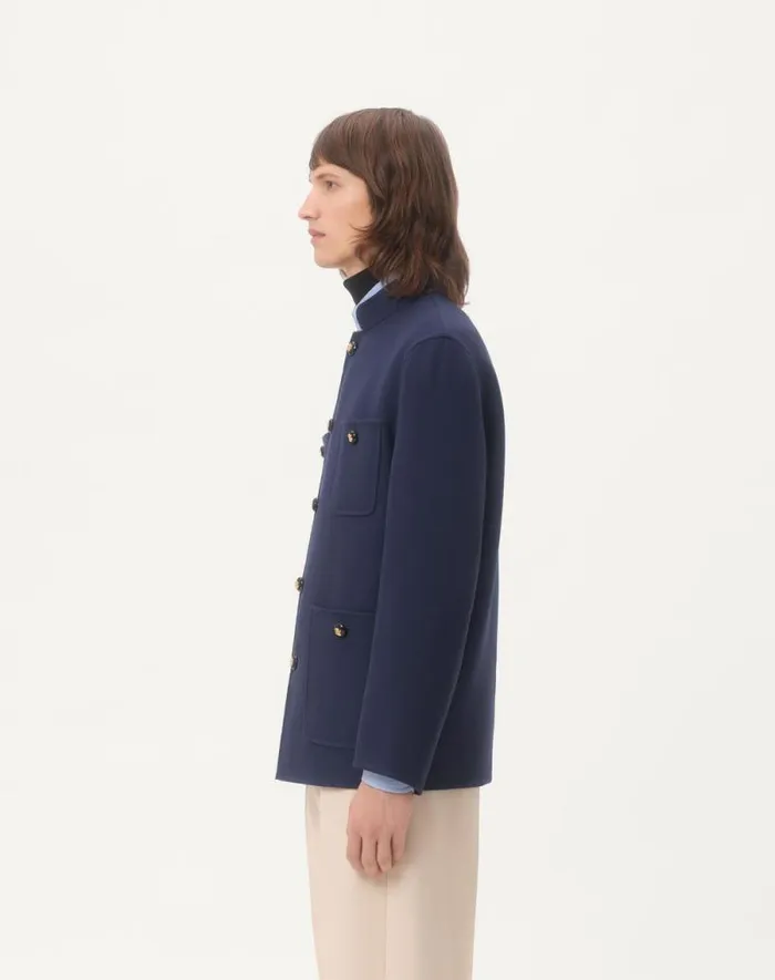 Valentino Outerwear Man Double Wool Jacket With Mandarin Collar For Man In Indigo Indigo Valentino Outerwear Man Double Wool Jacket With Mandarin Collar For Man In Indigo Indigo