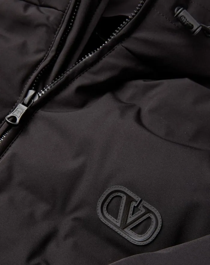 Valentino Outerwear Man Matte Nylon Down Jacket With Hood And Vlogo Signature Patch For Man In Black Black Valentino Outerwear Man Matte Nylon Down Jacket With Hood And Vlogo Signature Patch For Man In Black Black