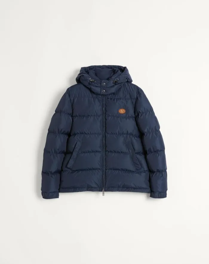 Valentino Outerwear Man Nylon Hooded Down Jacket With Vlogo Patch For Man In Blue Blue Valentino Outerwear Man Nylon Hooded Down Jacket With Vlogo Patch For Man In Blue Blue